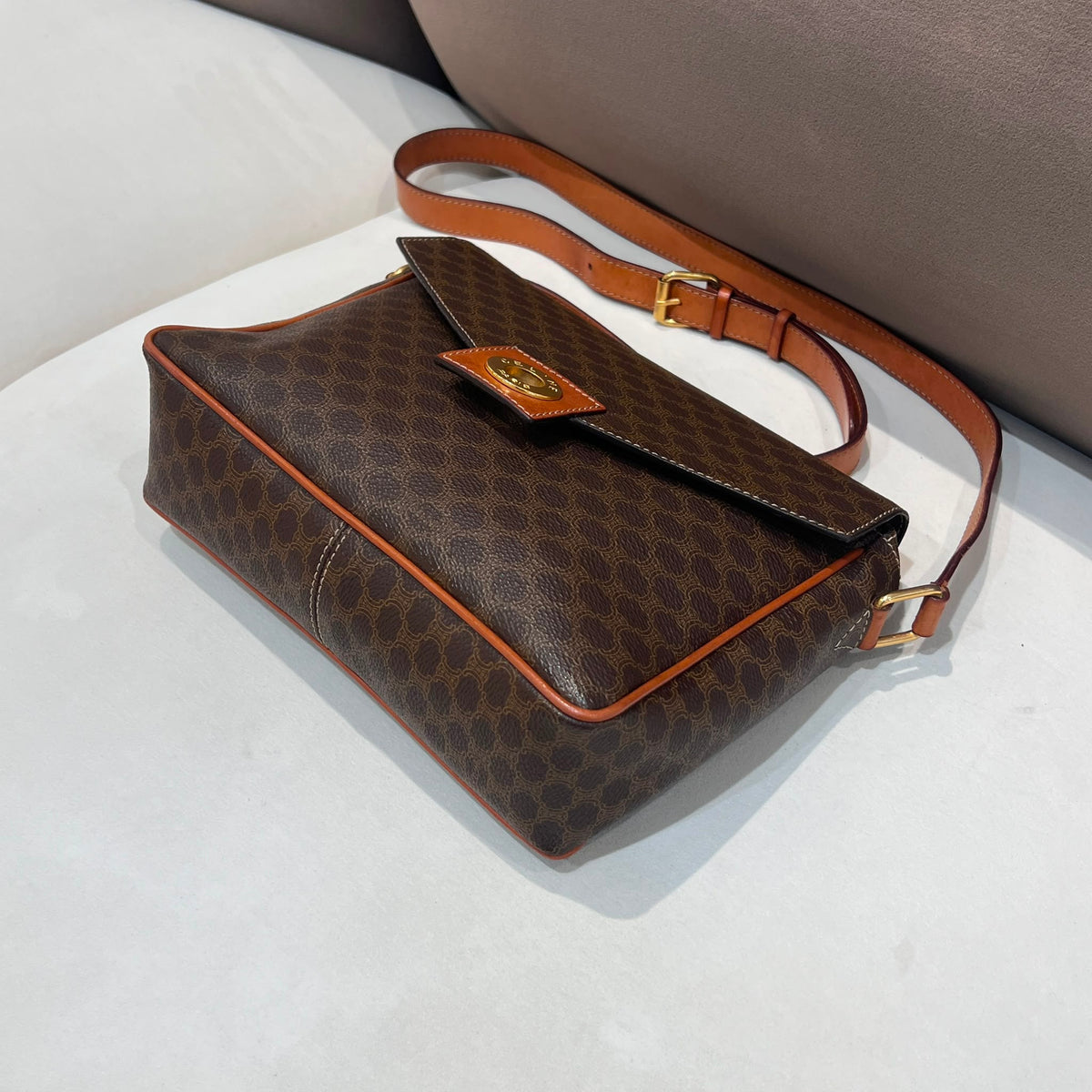 Celine Vintage Brown Macadam Canvas Shoulder Bag with Leather Trim