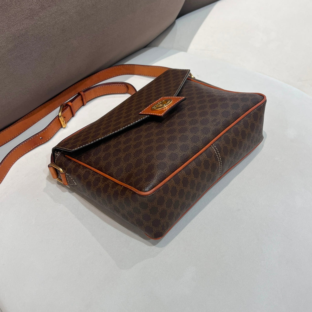 Celine Vintage Brown Macadam Canvas Shoulder Bag with Leather Trim