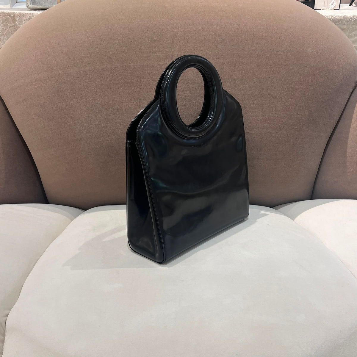 Christian Dior Vintage Black Patent Leather Circle Handbag