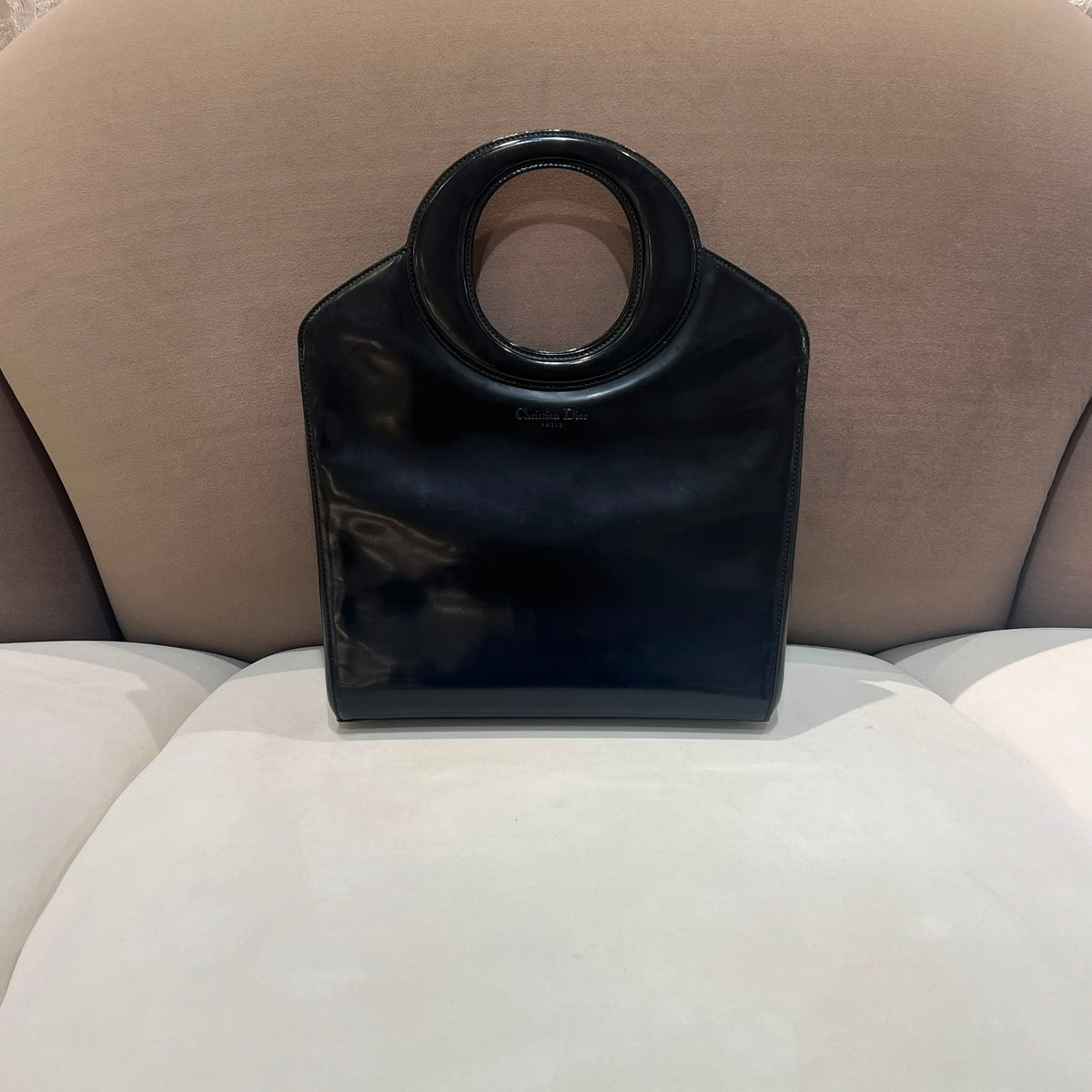 Christian Dior Vintage Black Patent Leather Circle Handbag