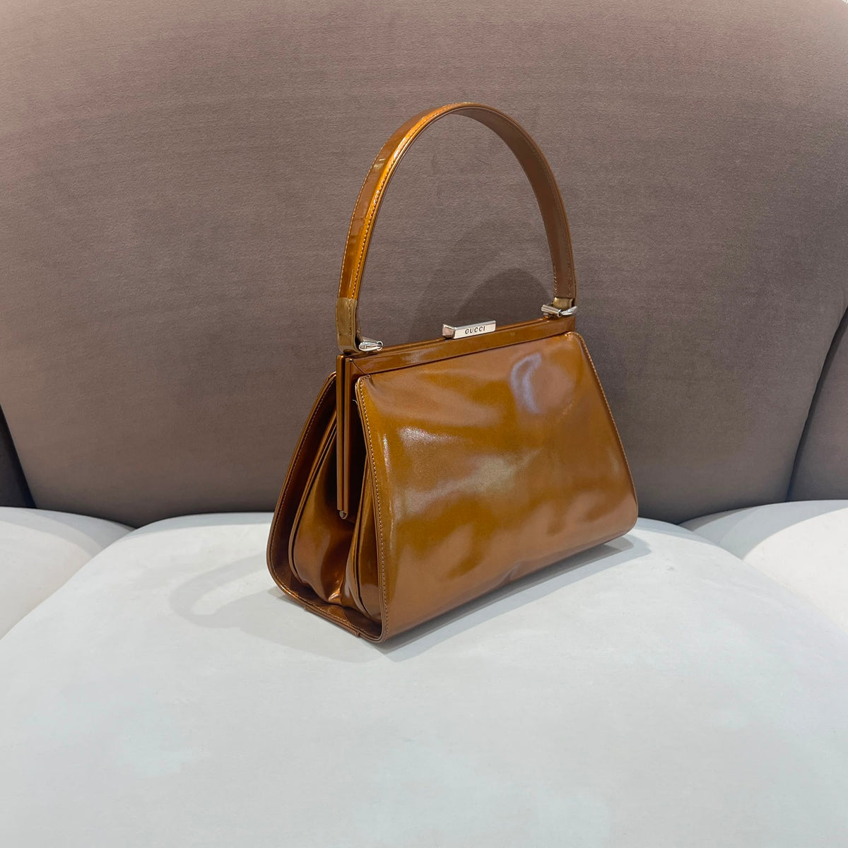 Gucci Vintage Cognac Leather Kiss-Lock Frame Handbag