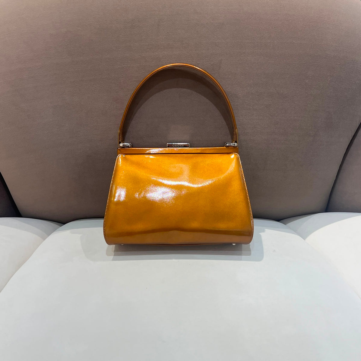 Gucci Vintage Cognac Leather Kiss-Lock Frame Handbag