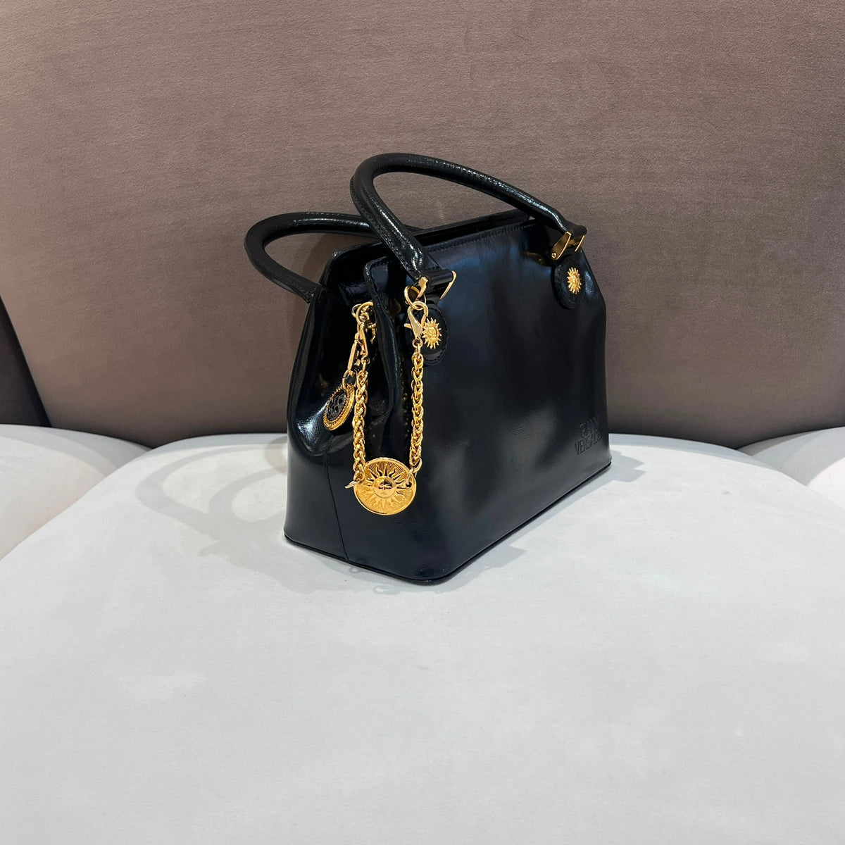 Versace Vintage Black Leather Medallion Handbag