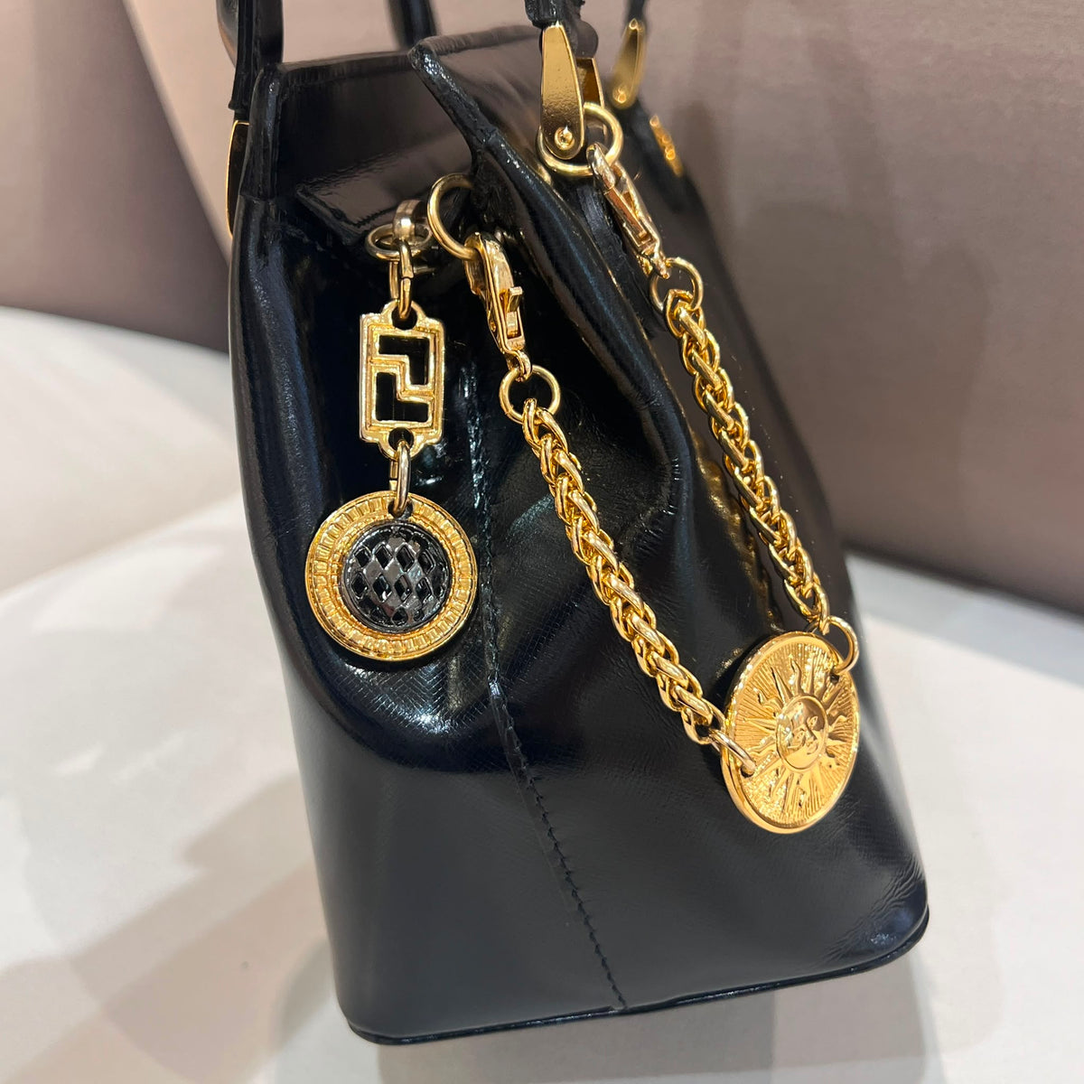 Versace Vintage Black Leather Medallion Handbag