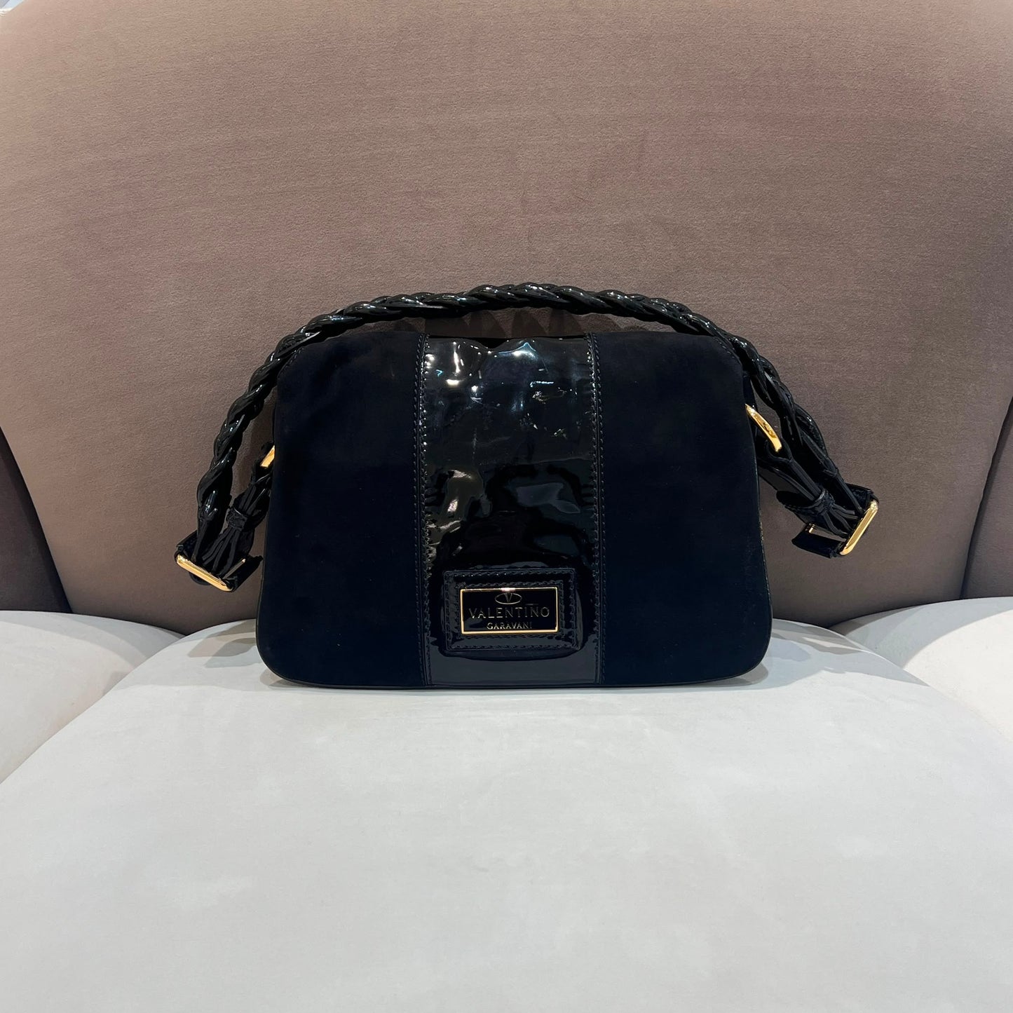 Valentino Garavani Vintage Black Suede Patent Leather Shoulder Bag