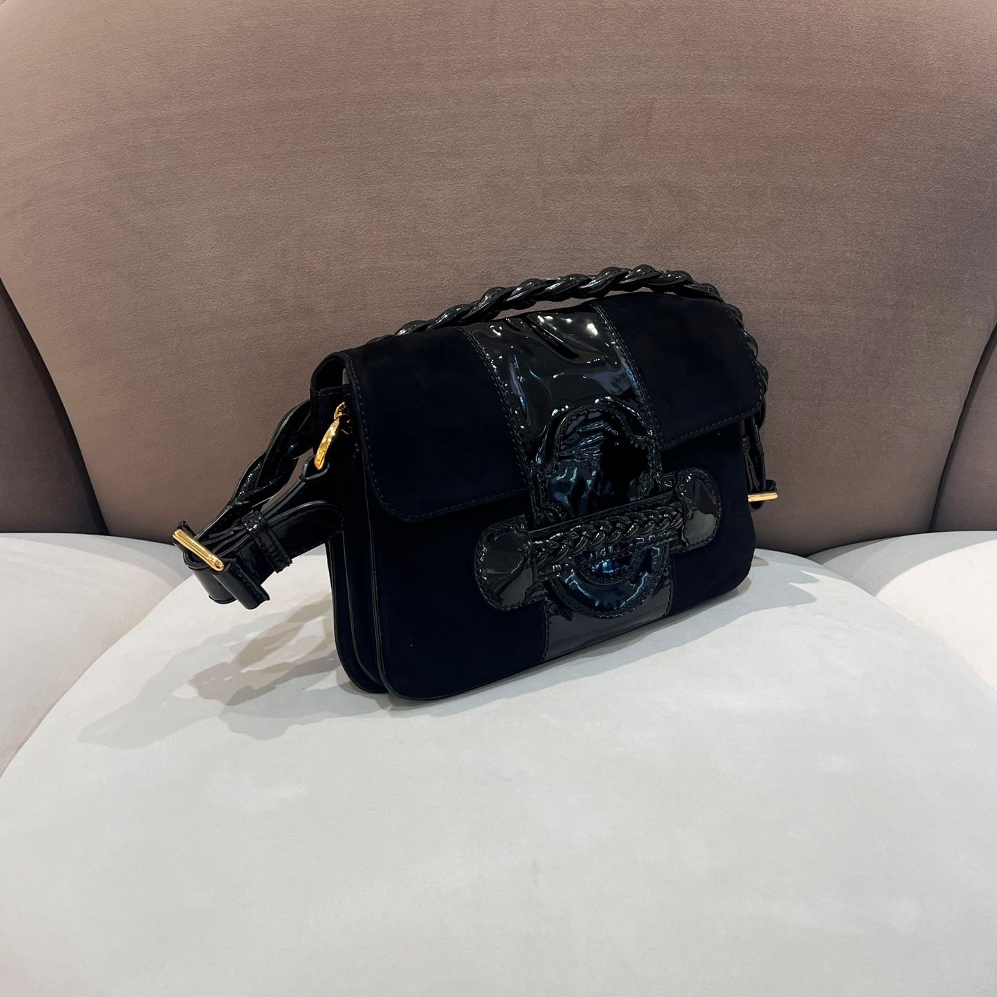 Valentino Garavani Vintage Black Suede Patent Leather Shoulder Bag