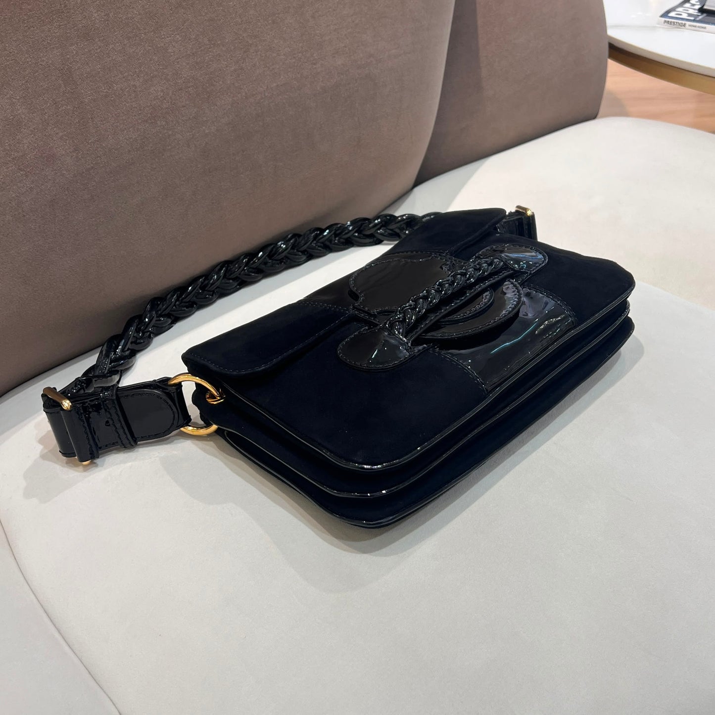 Valentino Garavani Vintage Black Suede Patent Leather Shoulder Bag