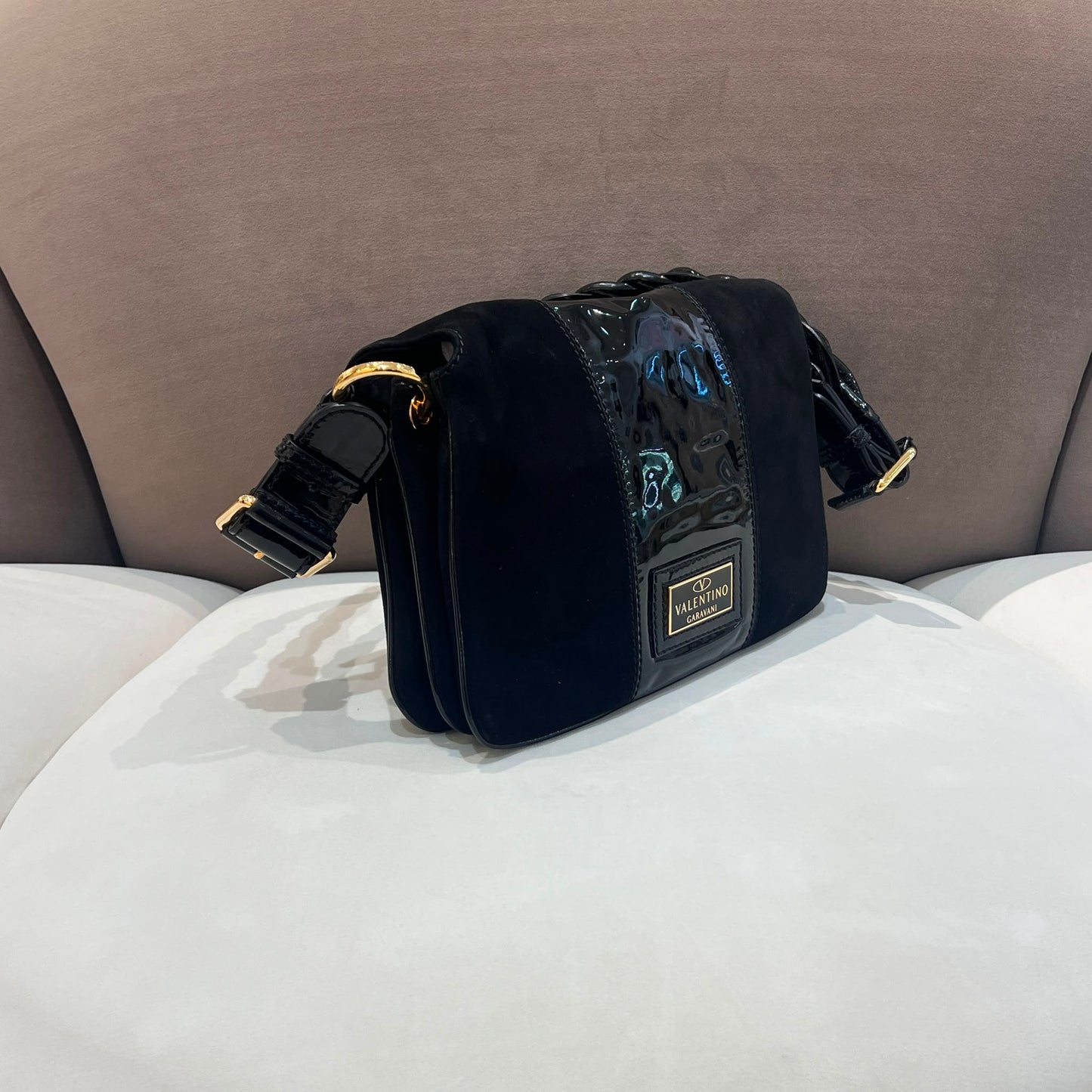 Valentino Garavani Vintage Black Suede Patent Leather Shoulder Bag