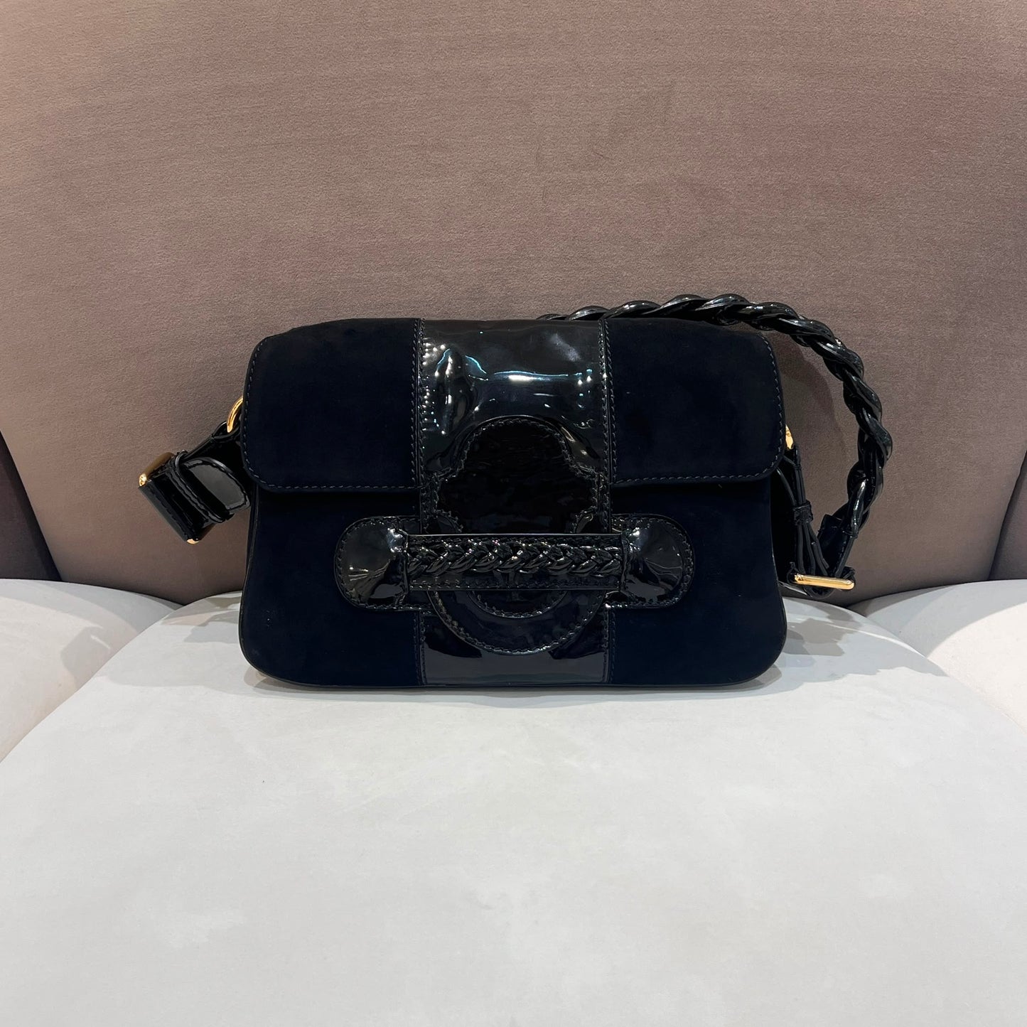 Valentino Garavani Vintage Black Suede Patent Leather Shoulder Bag