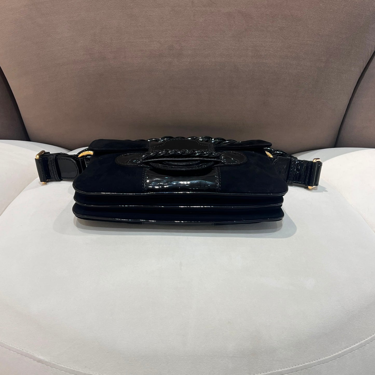 Valentino Garavani Vintage Black Suede Patent Leather Shoulder Bag