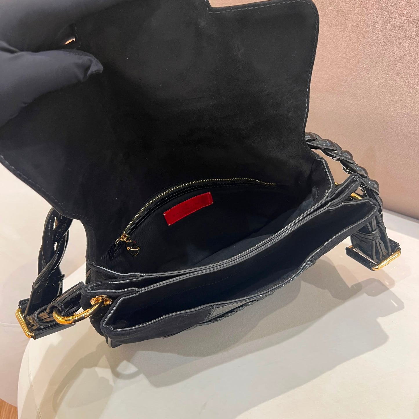 Valentino Garavani Vintage Black Suede Patent Leather Shoulder Bag