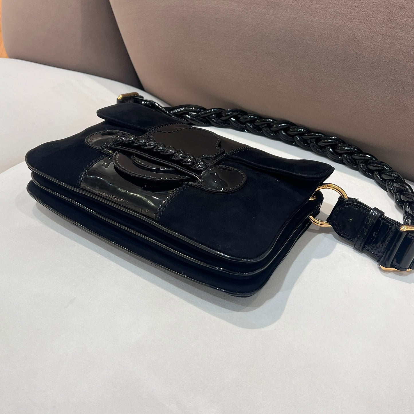 Valentino Garavani Vintage Black Suede Patent Leather Shoulder Bag