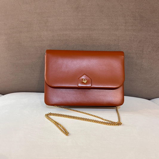 Christian Dior Vintage Brown Leather Envelope Flap Chain Shoulder Bag
