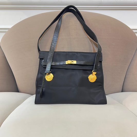 Versace Vintage Black Satin Medusa Medallion Handle Bag