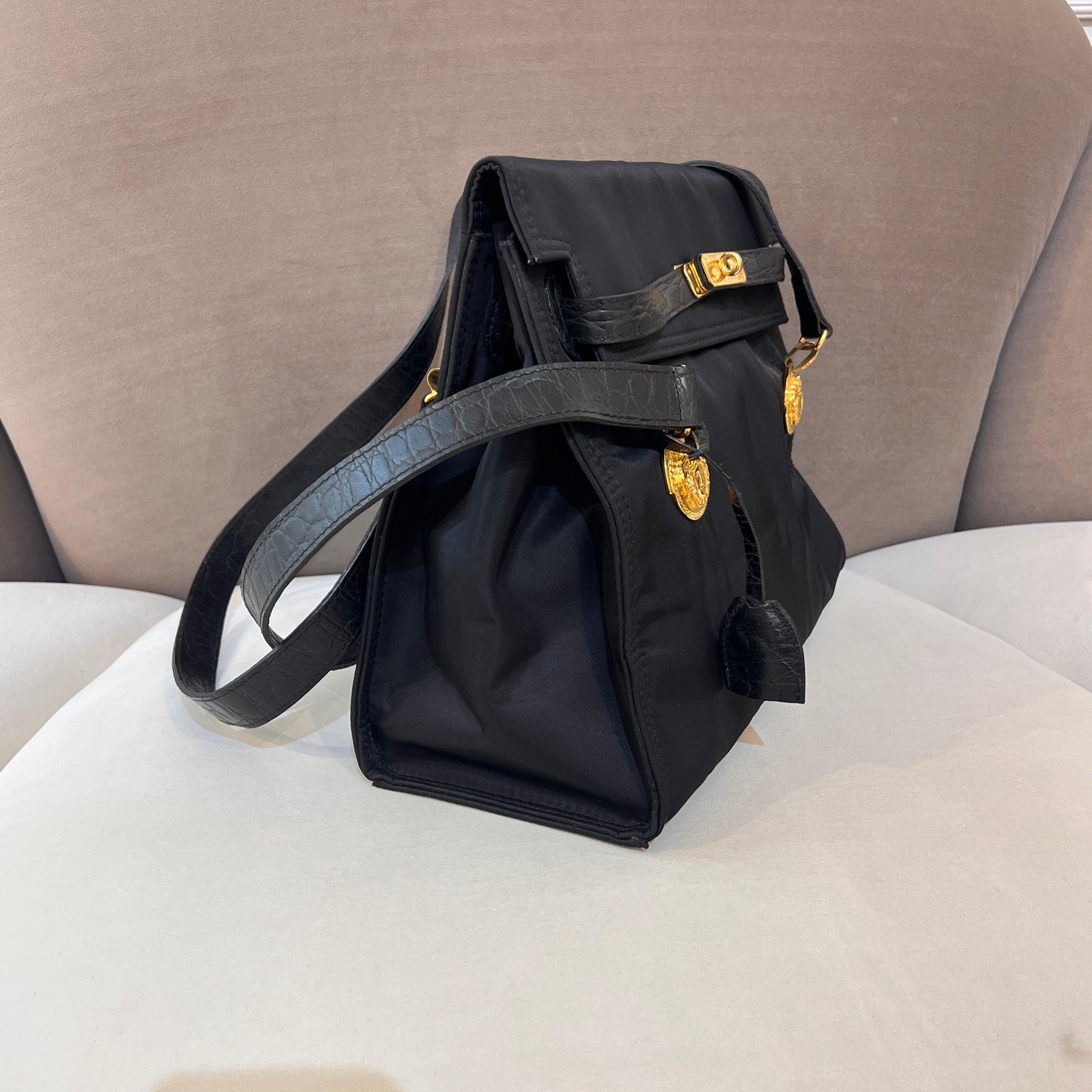 Versace Vintage Black Satin Medusa Medallion Handle Bag
