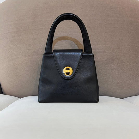 Givenchy Vintage Black Leather Golden Turn Lock Top Handle Bag