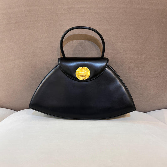 Givenchy Vintage Black Leather Trapezoid Top Handle Bag With Gold Medallion Clasp