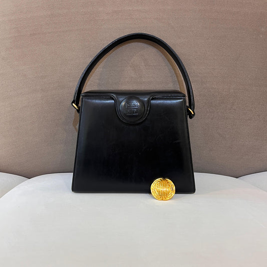 Givenchy Vintage Black Leather Embossed Logo Structured Top Handle Bag