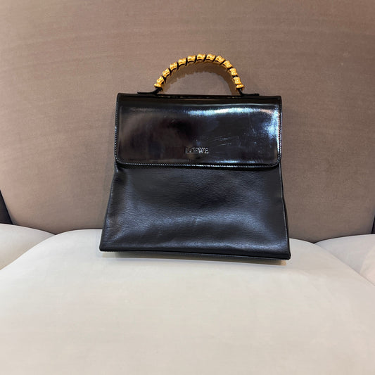 Loewe Vintage Black Leather Gold Bamboo Handle Shoulder Bag