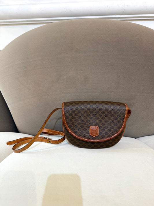 Celine Vintage Macadam Canvas Beige Leather Boston Handbag