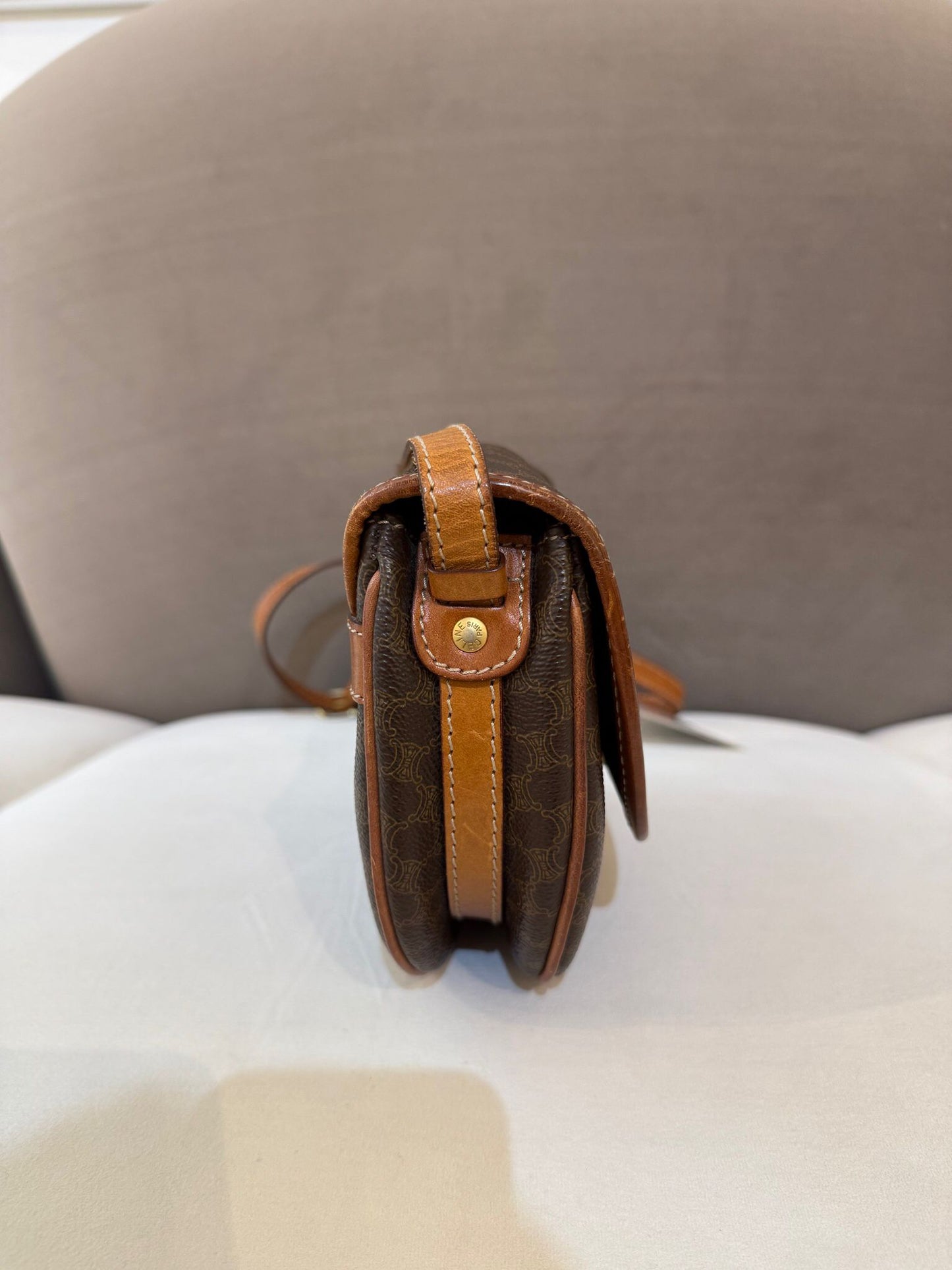 Celine Vintage Macadam Canvas Beige Leather Boston Handbag