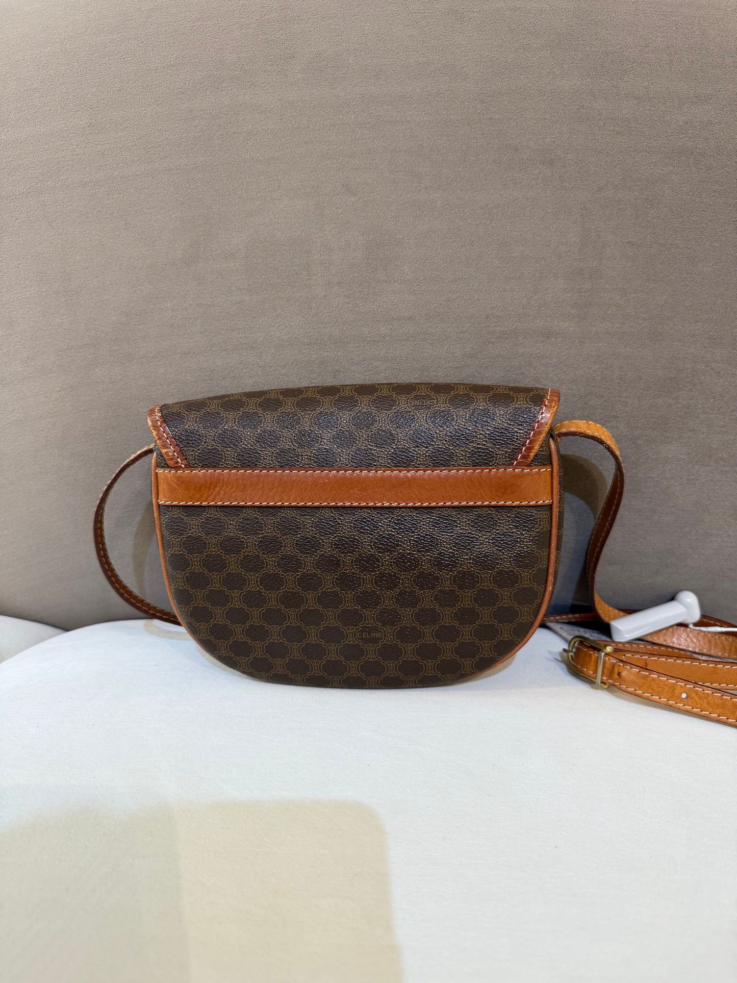 Celine Vintage Macadam Canvas Beige Leather Boston Handbag