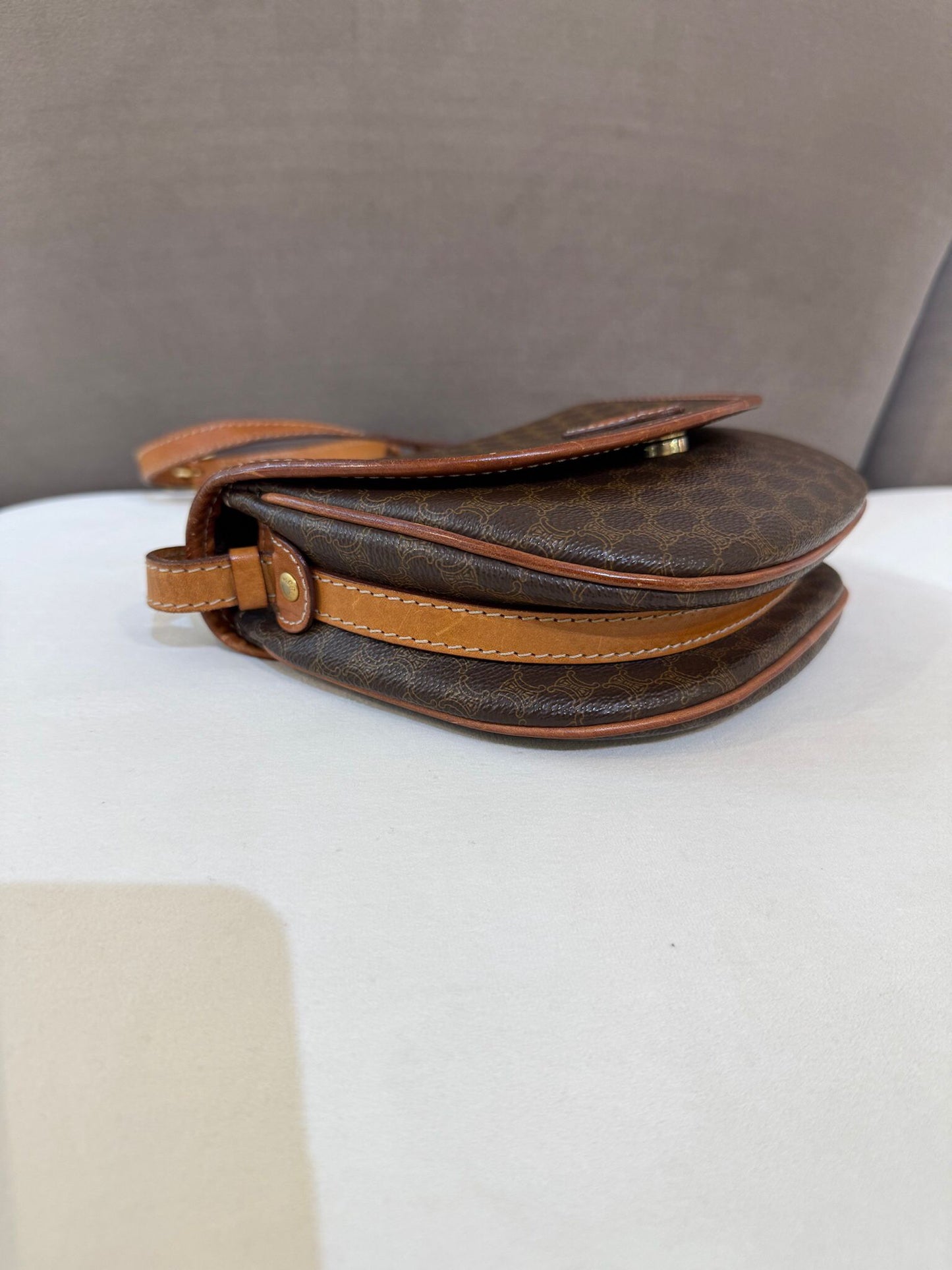 Celine Vintage Macadam Canvas Beige Leather Boston Handbag