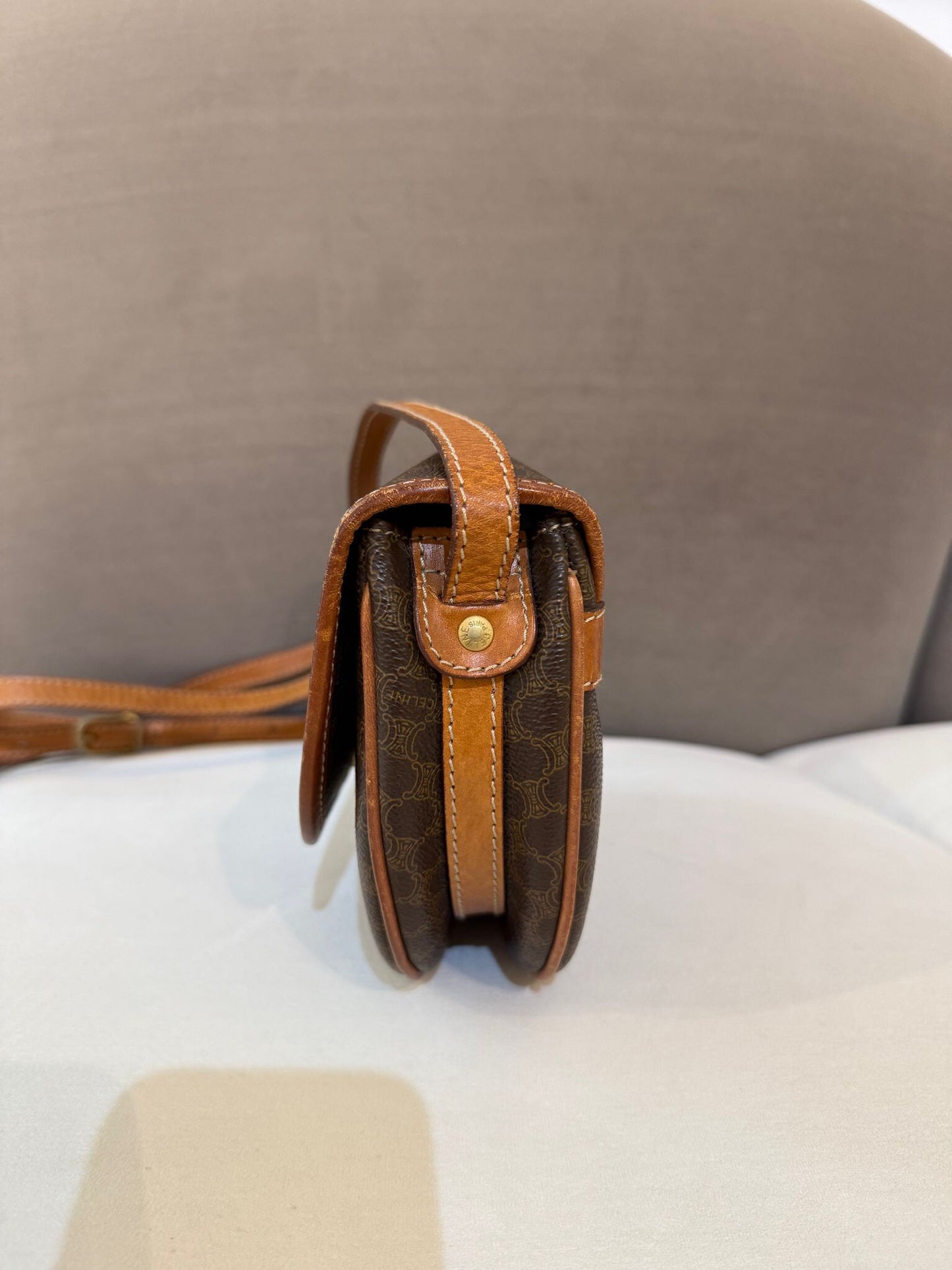 Celine Vintage Macadam Canvas Beige Leather Boston Handbag