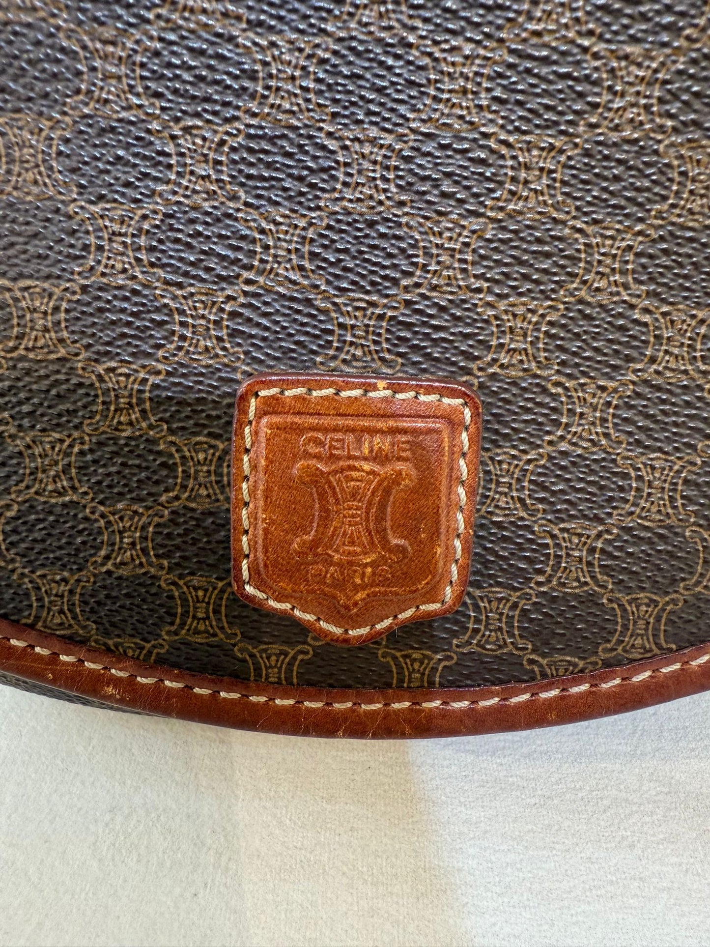 Celine Vintage Macadam Canvas Beige Leather Boston Handbag