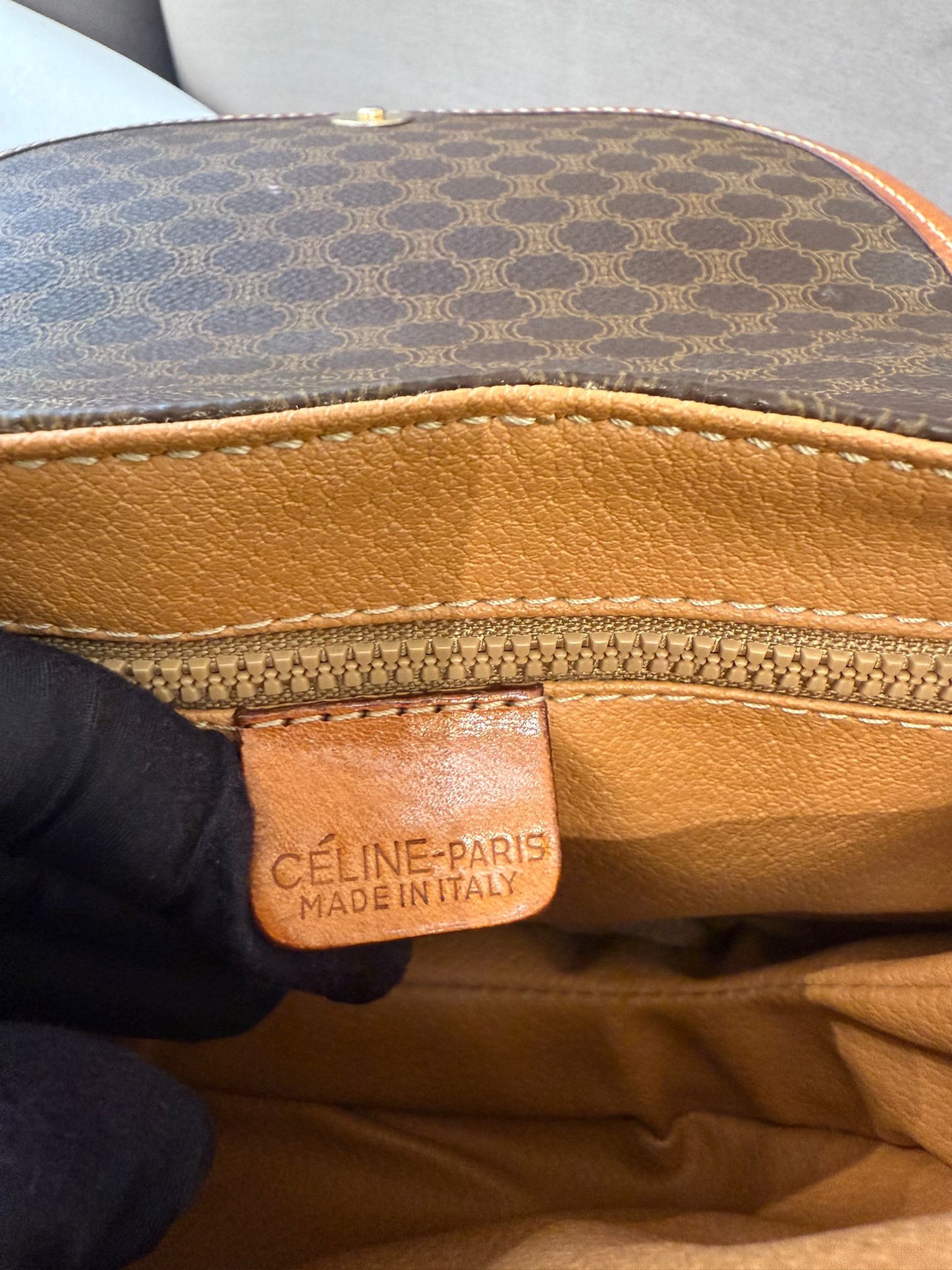 Celine Vintage Macadam Canvas Beige Leather Boston Handbag