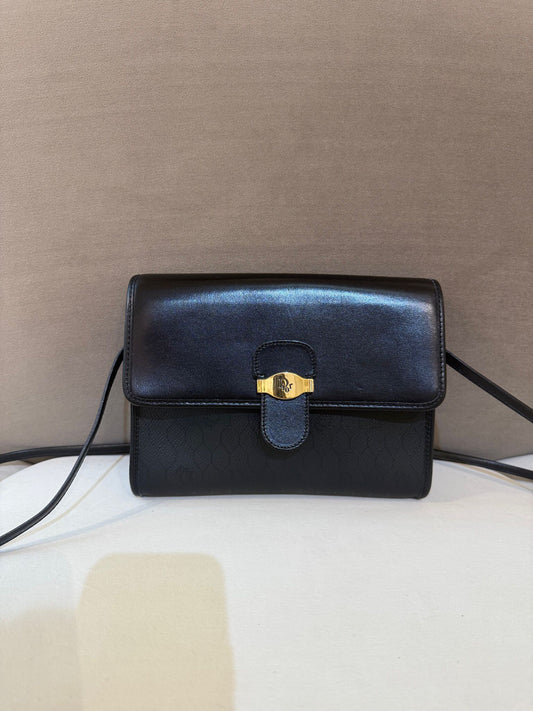 Christian Dior Vintage Honeycomb Black Leather Trim Shoulder Bag