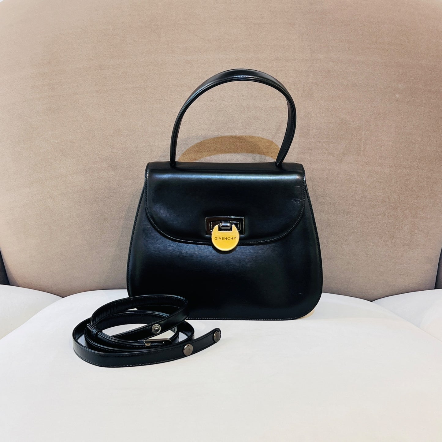 Givenchy Vintage Leather 2-Way Turn Lock Black Handbag