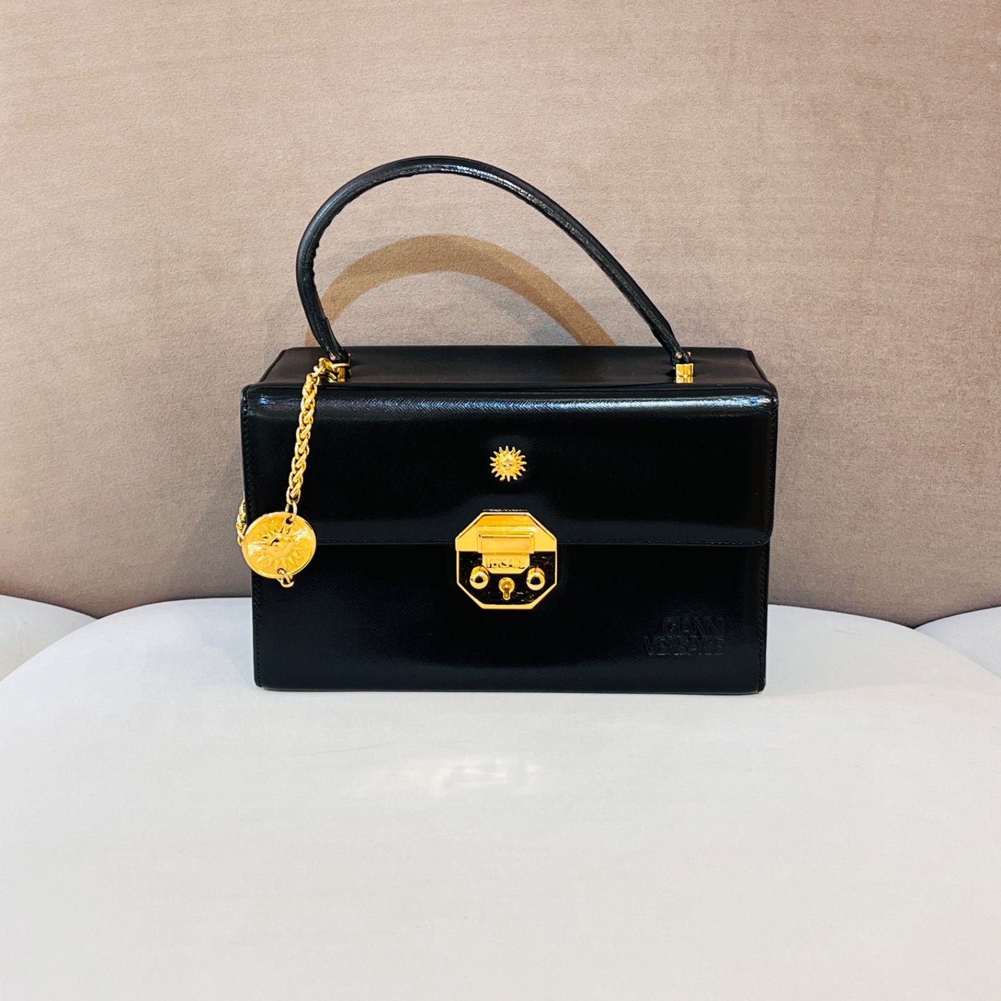 Versace Vintage Sunburst Vanity Black Leather Handbag