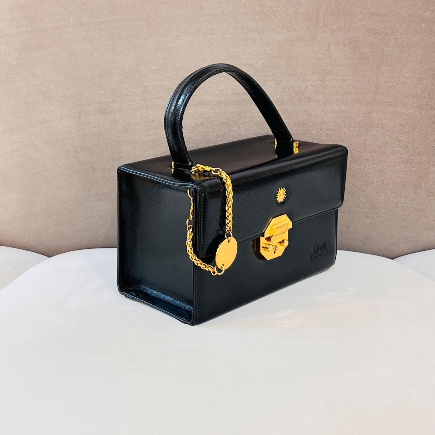Versace Vintage Sunburst Vanity Black Leather Handbag