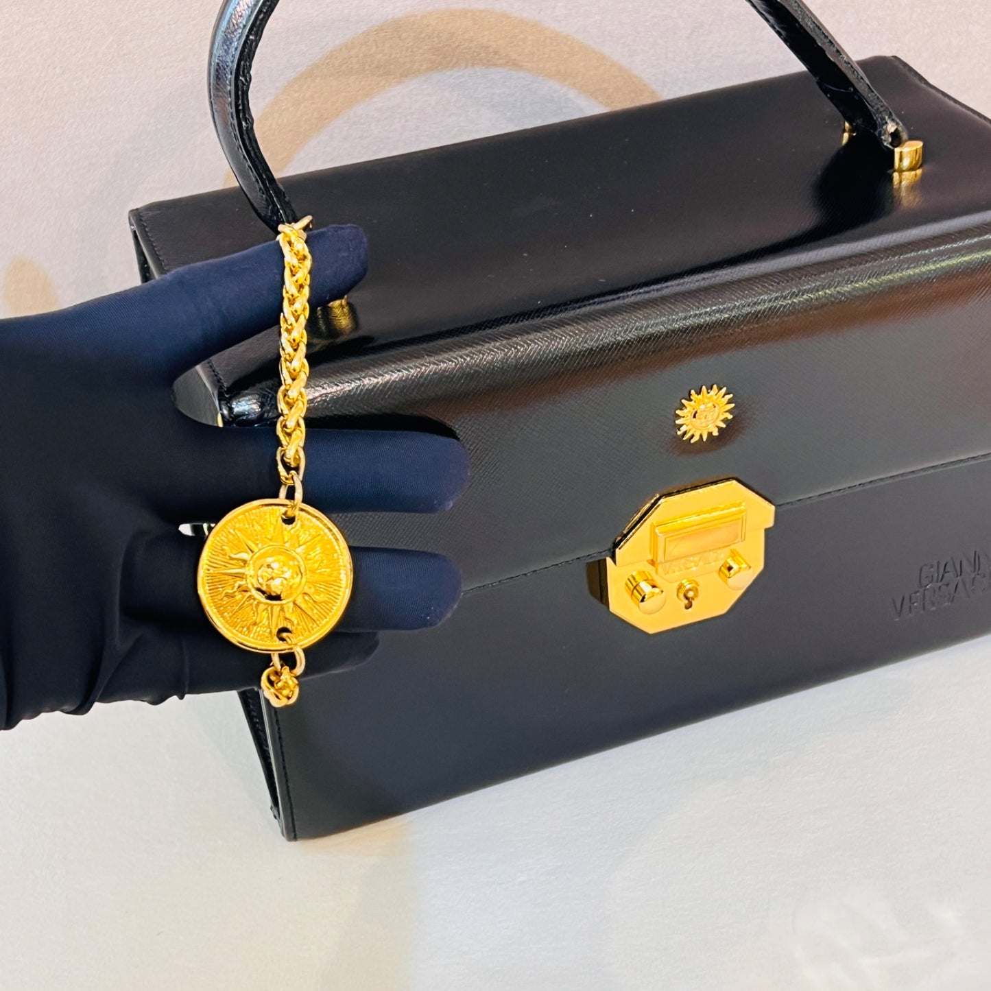 Versace Vintage Sunburst Vanity Black Leather Handbag