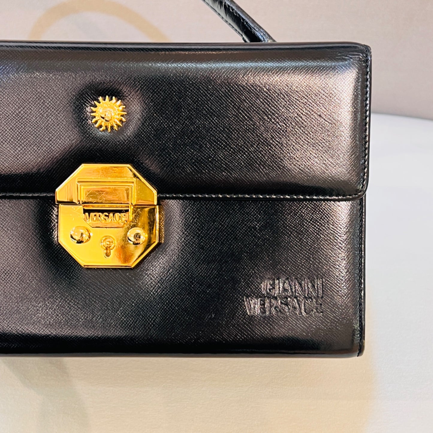 Versace Vintage Sunburst Vanity Black Leather Handbag