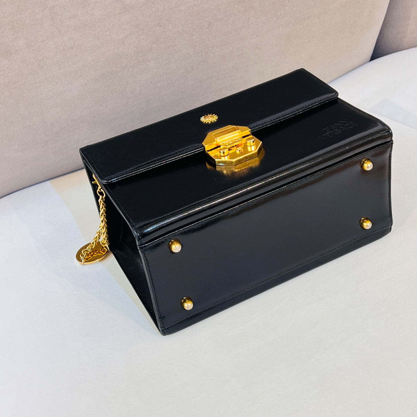 Versace Vintage Sunburst Vanity Black Leather Handbag