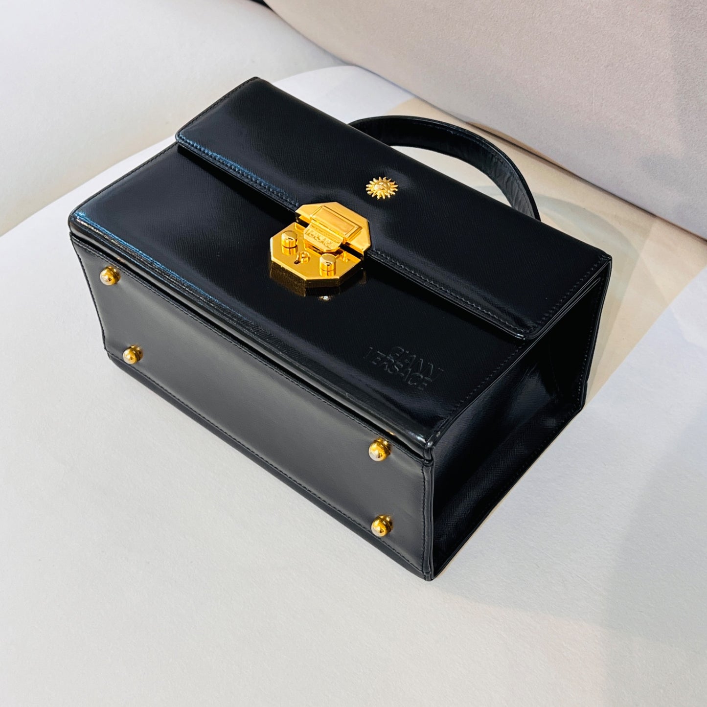 Versace Vintage Sunburst Vanity Black Leather Handbag