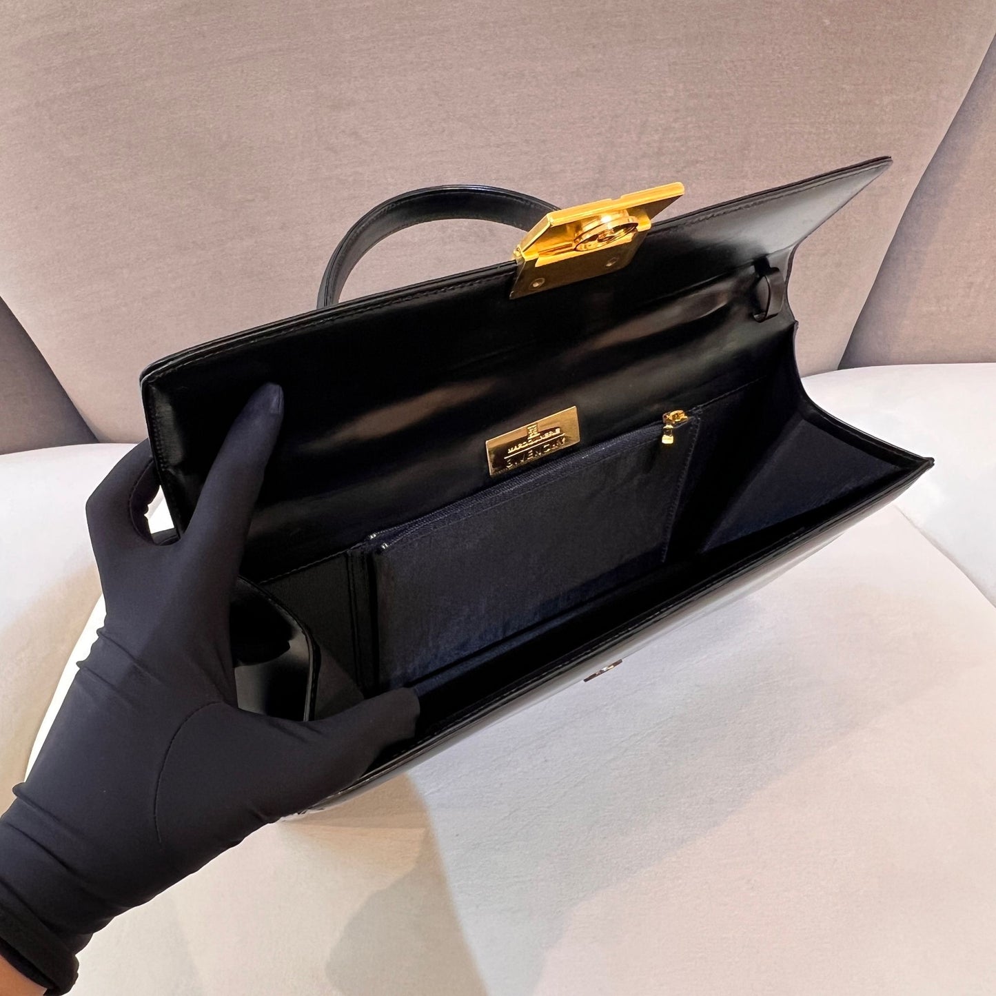 Givenchy Vintage 4G Logo Structured Black Leather Top Handle Bag