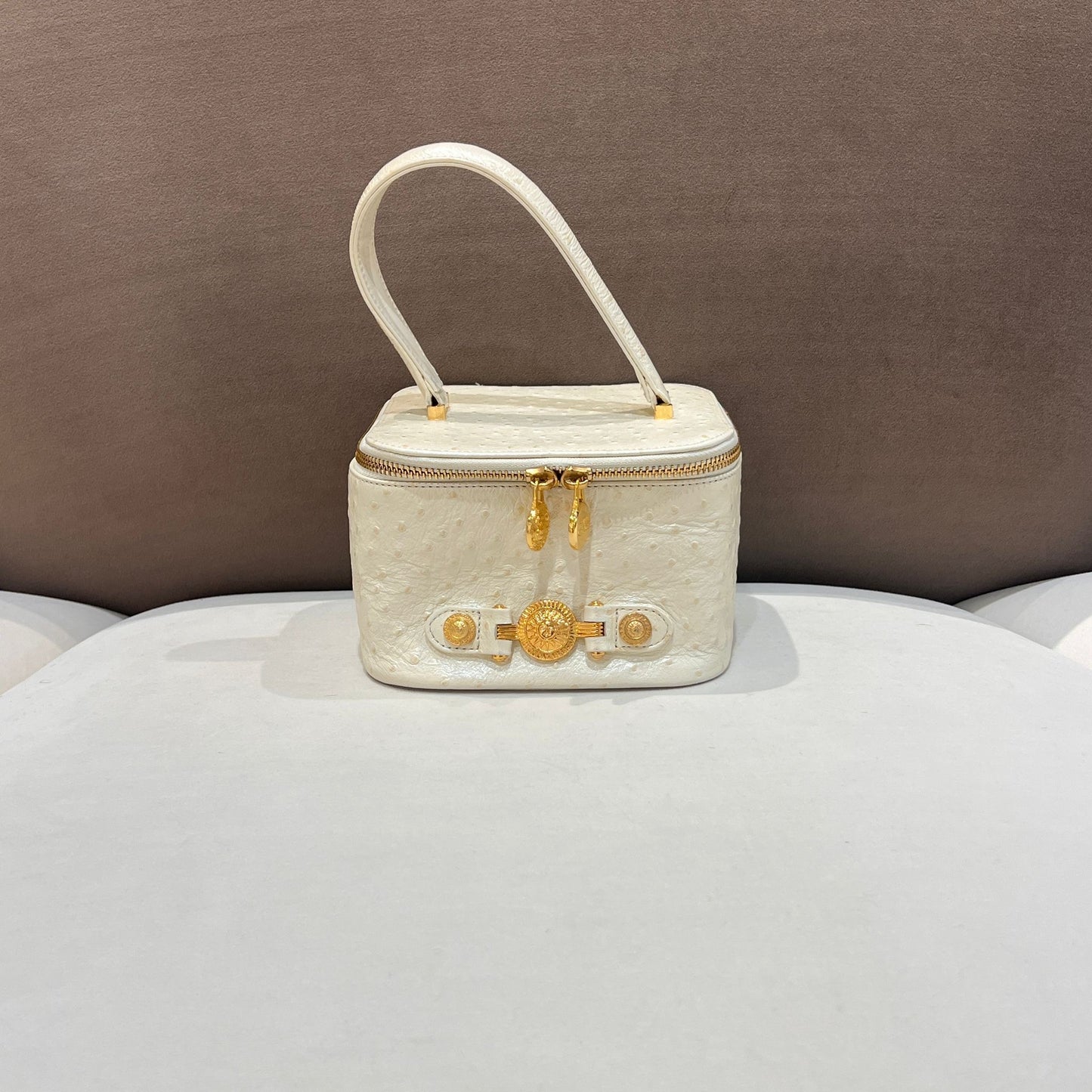 Versace Vintage Ivory Ostrich Leather Medusa Vanity Top Handle Bag