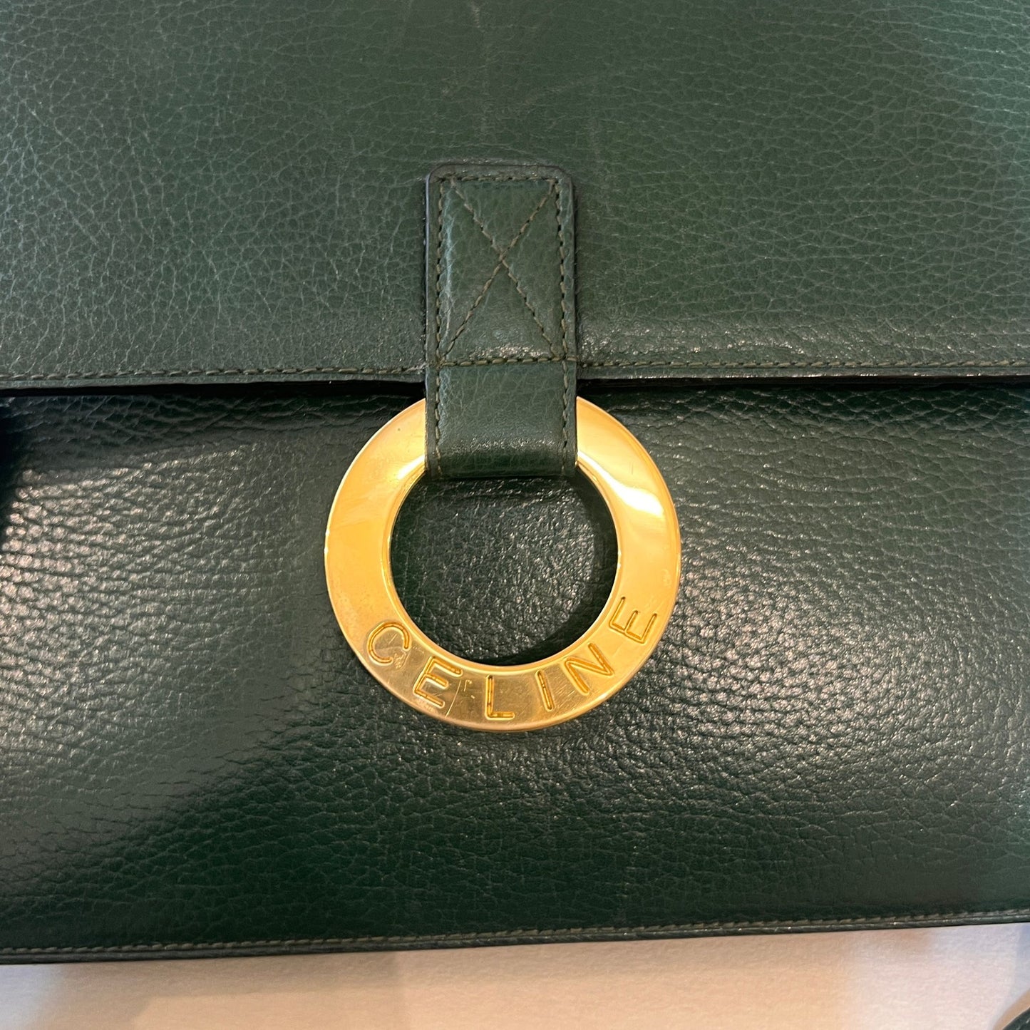 Celine Vintage Circle Logo Forest Green Leather Shoulder Bag