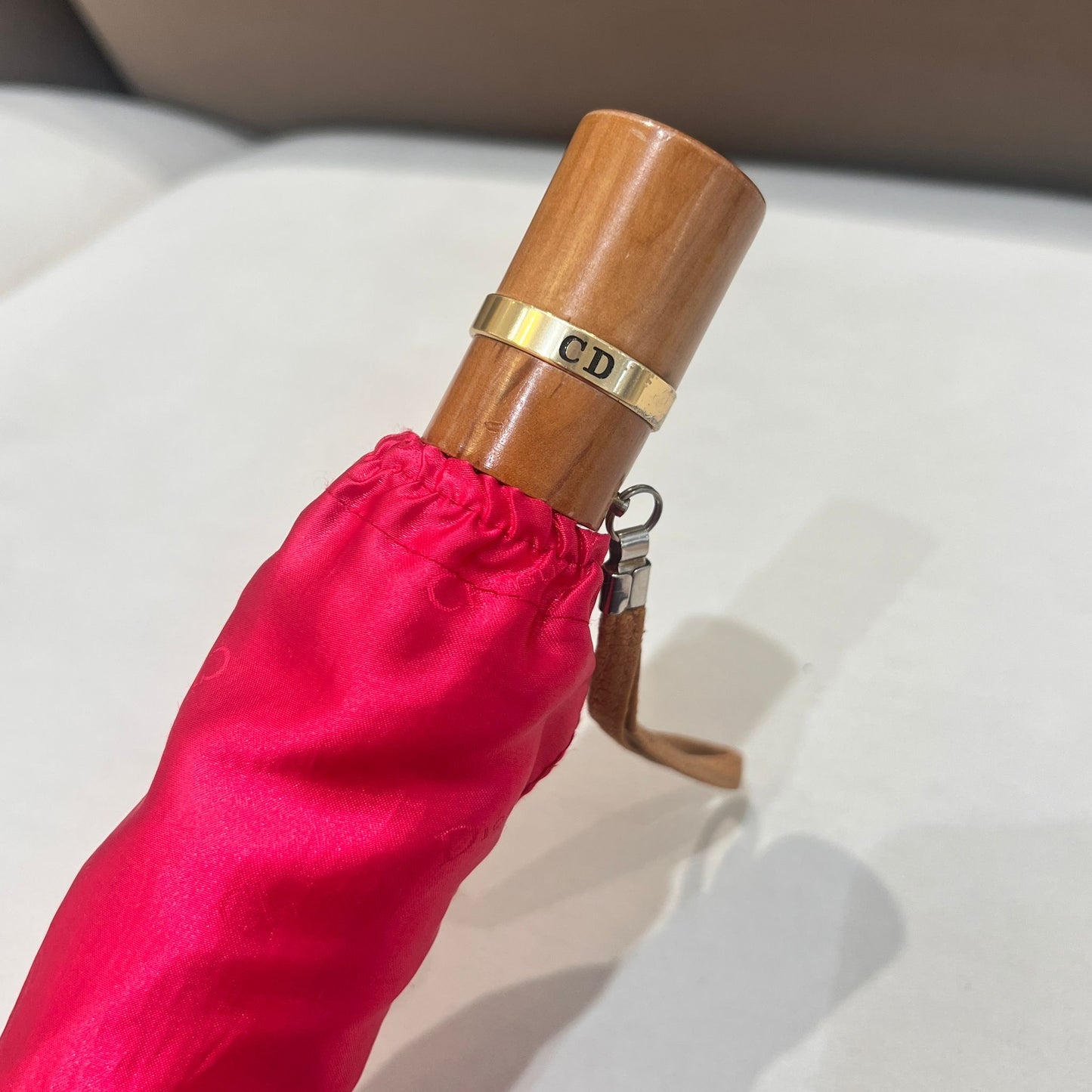 Christian Dior Vintage Red Monogram Oblique Folding Umbrella with Wood Handle