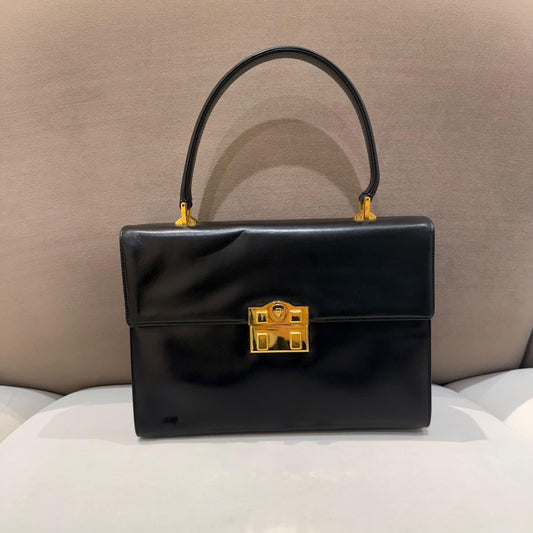 Gucci Vintage Black Leather Top Handle Formal Handbag
