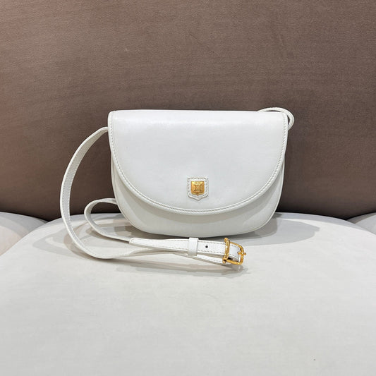 Celine Vintage White Leather Triomphe Shoulder Bag