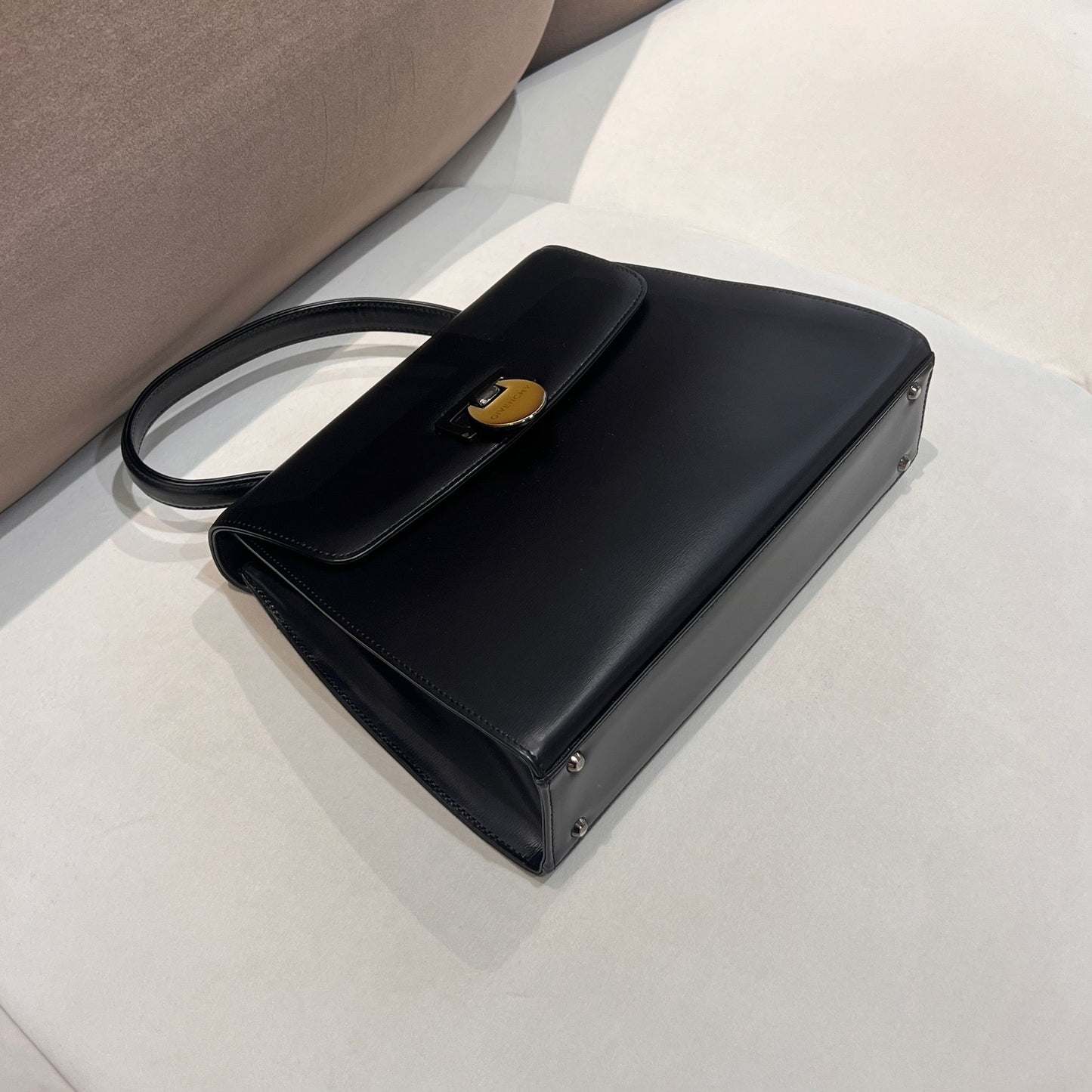 Givenchy Vintage Black Leather Wide Trapezoid Top Handle Clasp Handbag