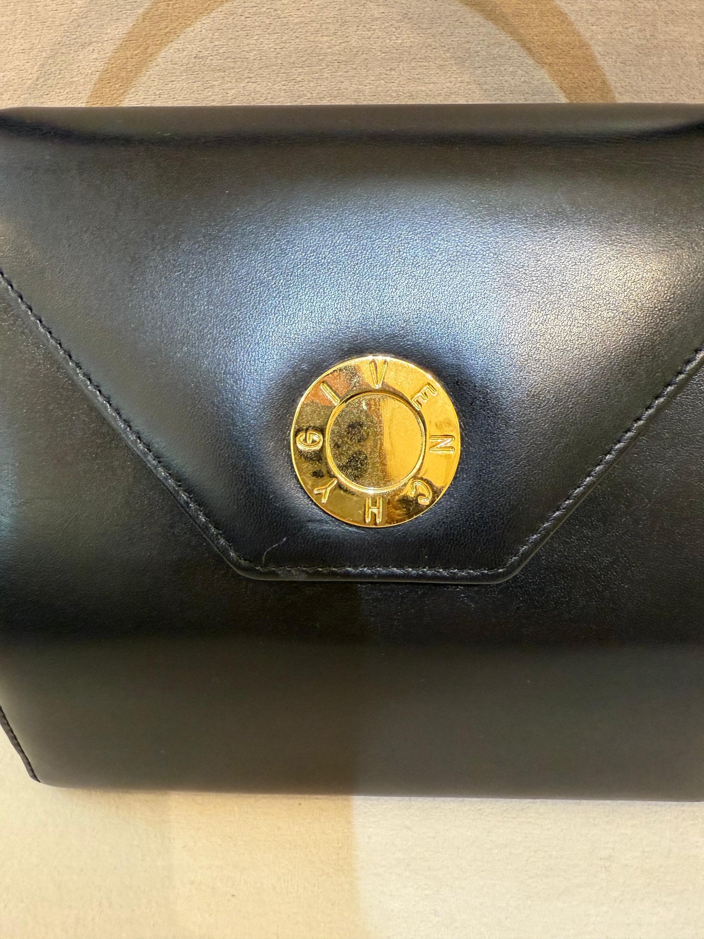 Givenchy Vintage Black Leather Gold Medallion Top Handle Bag