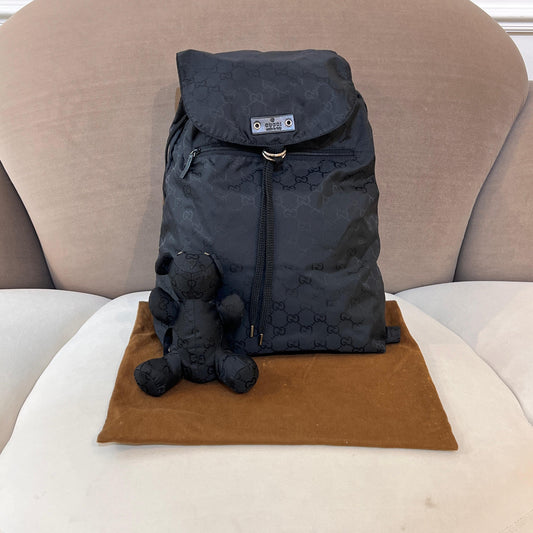 Gucci Vintage GG Nylon Bear Charm Drawstring Backpack Black