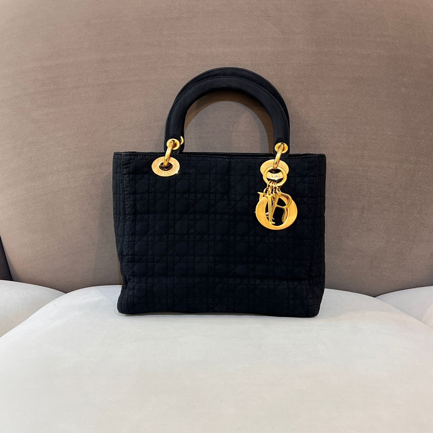 Christian Dior Vintage Lady Dior Cannage Nylon Black Handbag