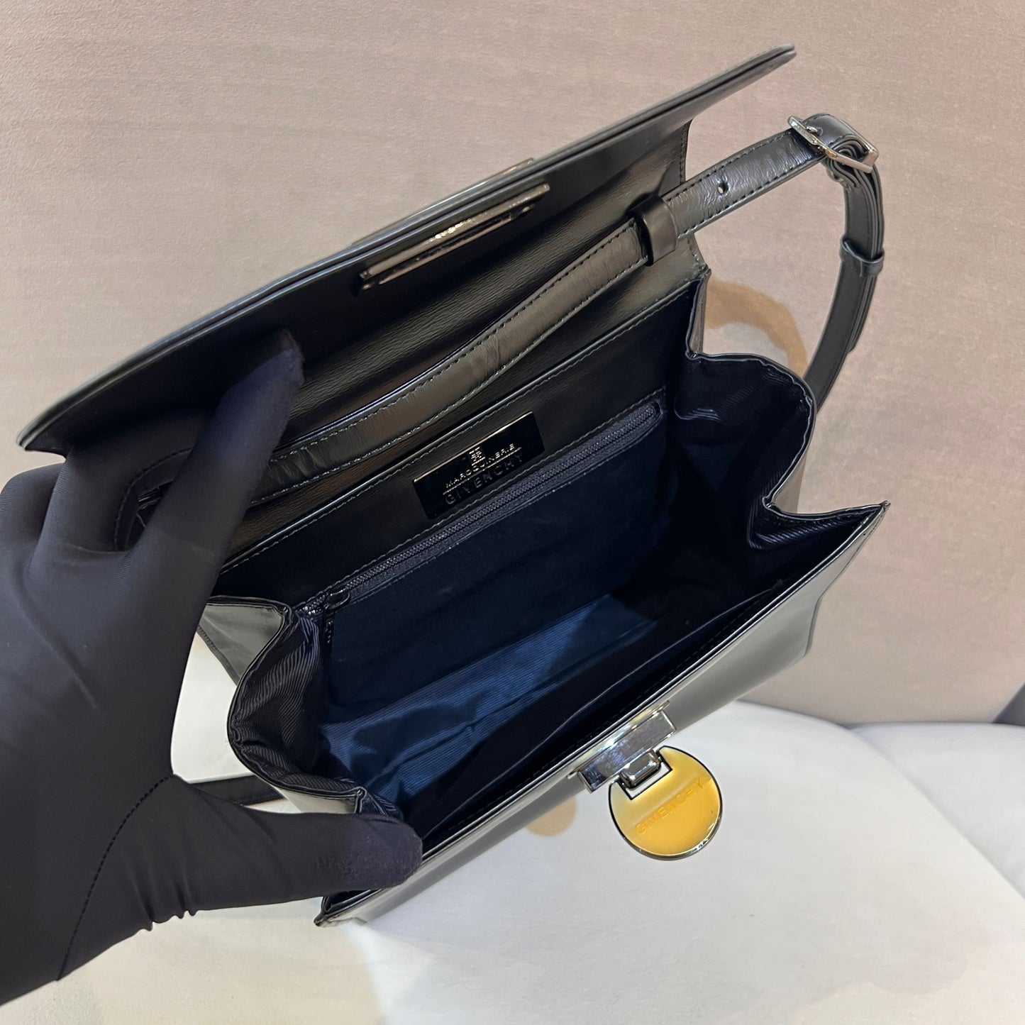 Givenchy Vintage Black Leather Logo Clasp Top Handle Bag