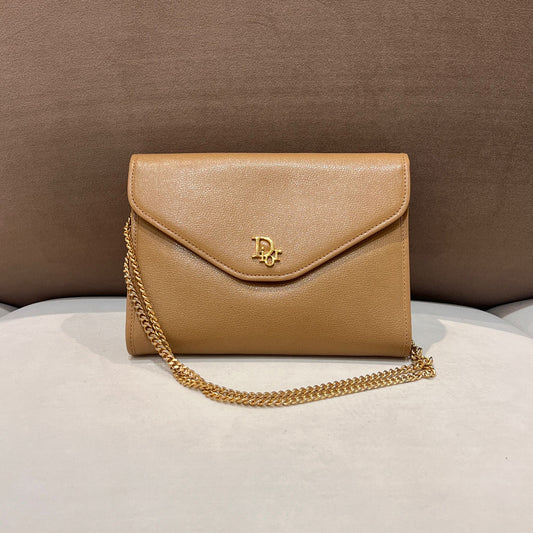 Christian Dior Vintage Beige Grained Leather Chain Shoulder Bag With Envelope Flap